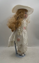 Load image into Gallery viewer, Victorian Porcelain Collectible Doll With White Dress & Hat In Display Case