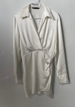 Load image into Gallery viewer, Zara Womens White Satin Collared Pullover Long Sleeve Draped Mini Dress Size S