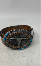 Load image into Gallery viewer, Vintage Unisex Brown Embossed Floral Leather Longhorn Buckle Cowboy Western Belt