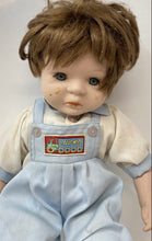 Load image into Gallery viewer, Vintage Brown Hair Blue Eyes Collectible Porcelain Baby Doll In White Blue Dress