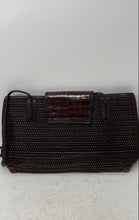 Load image into Gallery viewer, Brighton Womens Brown Woven Leather Croc Embossed Flap Magnetic Shoulder Handbag