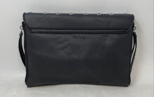 Load image into Gallery viewer, Prune Womens Black Silver-Tone Faux Leather Studded Eyelet Flap Clutch Handbag