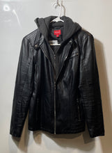 Load image into Gallery viewer, Guess Womens Black Faux Leather Long Sleeve Hooded Motorcycle Jacket Size Small