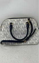 Load image into Gallery viewer, Michael Kors Womens White Navy Signature Print Detachable Strap Satchel Handbag
