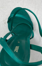 Load image into Gallery viewer, Zara Womens Green Leather Open Toe Buckle Stiletto Strappy Heels Size EUR 37