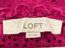 Load image into Gallery viewer, Loft Womens Fuchsia Tie Neck Eyelet Short Sleeve Scalloped Blouse Top Size XS