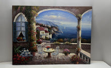 Load image into Gallery viewer, Vintage Mediterranean Coastal View Seaside Terrace Oil Painting Signed P Fielder
