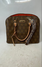 Load image into Gallery viewer, Adrienne Vittadini Womens Brown Signature Print Leather Zip Top Satchel Handbag
