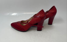 Load image into Gallery viewer, Romabet Womens Red Leather Pointed Toe Buckle T-Strap Block Pump Heels Size 7