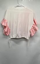 Load image into Gallery viewer, Pastel Womens Pink White Short Ruffle Sleeve Crew Neck Pullover Cropped Top Sz M