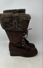 Load image into Gallery viewer, Traffic Womens Brown Fur-Trim Lace-Up Wedge Heel Knee High Snow Boots Size 8