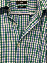 Load image into Gallery viewer, Hugo Boss Mens Green Blue White Gingham Long Sleeve Slim Fit Dress Shirt Sz 17.5