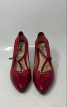 Load image into Gallery viewer, Romabet Womens Red Leather Pointed Toe Buckle T-Strap Block Pump Heels Size 7