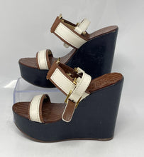 Load image into Gallery viewer, Authentic Tory Burch Womens Brown Blue Wedge Ankle Strap Sandals Size 5M Damaged