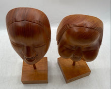 Load image into Gallery viewer, Set Of 2 Pieces Original Brown Wooden Home Decorative Noh Face Masks With Stand