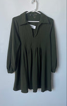 Load image into Gallery viewer, Zara Womens Green Long Sleeve Pintuck Pleated Front Collared Mini Dress Size S