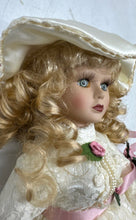 Load image into Gallery viewer, White Lace Dress Pink Ribbon Hat Curly Blonde Hair Collectible Porcelain Doll