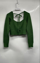 Load image into Gallery viewer, Forever 21 Womens Green Long Sleeve Tie Back Ribbed Hem Sweater Cropped Top Sz L