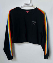 Load image into Gallery viewer, Guess Womens Black Rainbow Striped Long Sleeve Cropped Pullover Sweatshirt Sz M