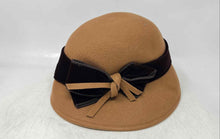 Load image into Gallery viewer, Galliano Sorbatti Womens Brown Wool Lightweight With Black Bow Cloche Hat
