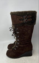 Load image into Gallery viewer, Traffic Womens Brown Fur-Trim Lace-Up Wedge Heel Knee High Snow Boots Size 8