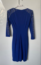 Load image into Gallery viewer, Cache Womens Royal Blue Beaded Sleeve Ruched Back Zip Bodycon Dress Size 0
