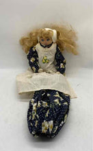 Load image into Gallery viewer, Curly Hair Floral Dress Wearing Wooden Blonde Raggedy Woman Figure Doll