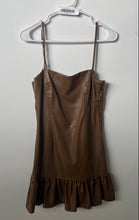 Load image into Gallery viewer, Zara Womens Brown Faux Leather Spaghetti Strap Ruffle Hem Mini Dress Size S