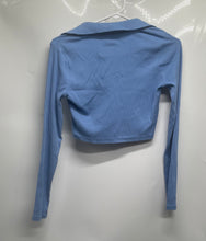 Load image into Gallery viewer, Zara Womens Blue Spread Collar Long Sleeve Cropped Polo Shirt Size Medium