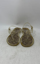Load image into Gallery viewer, Coach Womens Gold Brown Clear T-Strap Buckle Flat Thong Sandals Size 8
