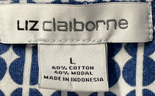 Load image into Gallery viewer, Liz Claiborne Womens Blue White Geometric 3/4 Sleeve Round Neck Blouse Top Sz L