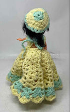 Load image into Gallery viewer, Vintage Plastic Play Doll Featuring Handmade Crochet Yellow & Green Maxi Dress