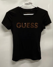 Load image into Gallery viewer, Guess Womens Black Rhinestone Logo Short Sleeve Crew Neck T-Shirt Size Small