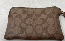 Load image into Gallery viewer, Coach Womens Brown Signature Stripe Leather Trim Corner Top Wristlet Wallet