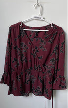 Load image into Gallery viewer, Ann Taylor Womens Purple Floral Long Bell Sleeve Faux Wrap Blouse Top Size L