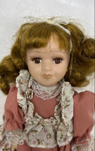 Load image into Gallery viewer, Brown Hair And Eyes Vintage Style Girl Porcelain Doll With Pink White Outfit
