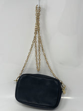 Load image into Gallery viewer, Versace Parfums Womens Black Gold-Tone Faux Leather Chain Strap Crossbody Purse