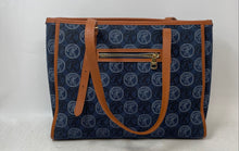 Load image into Gallery viewer, Rosetti Womens Blue Brown Monogram Print Inner Pockets Shoulder Tote Bag