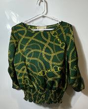 Load image into Gallery viewer, Michael Kors Womens Green Gold Chain Print Smocked Waist Blouse Top Size P