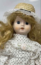 Load image into Gallery viewer, Blonde Hair Black Eye Porcelain Doll Collection With Polka Dot Dress & Hat