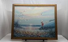 Load image into Gallery viewer, Framed Coastal Beach Woman In Sun Hat And Seagulls Oil Painting Signed Wall Art