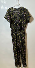 Load image into Gallery viewer, Express Womens Black Floral Print Short Sleeve Waist Tie One-Piece Jumpsuit Sz M