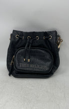 Load image into Gallery viewer, True Religion Womens Black Monogram Print Leather Drawstring Bucket Bag