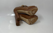 Load image into Gallery viewer, Michael Kors Womens Eleni Brown Leather Peep Toe Buckle Platform Heels Size 8.5M