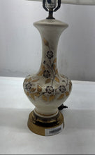 Load image into Gallery viewer, White Floral Pattern Table Light Brass Base Corded Electric Porcelain Lamp