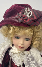 Load image into Gallery viewer, Blonde Curly Hair Vintage Style Porcelain Doll Collectible With Velvet Dress