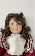 Load image into Gallery viewer, Heirloom Collection Curly Brown Hair White Burgundy Dress Porcelain Doll