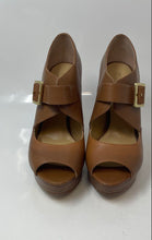 Load image into Gallery viewer, Michael Kors Womens Eleni Brown Leather Peep Toe Buckle Platform Heels Size 8.5M