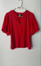 Load image into Gallery viewer, DKNY Womens Red Puff Sleeve Mixed Media Henley Neck Blouse Top Size Large
