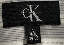 Load image into Gallery viewer, Calvin Klein Mens Gray White Striped Cotton Collared Dress Shirt Sz L 16.5 34/35